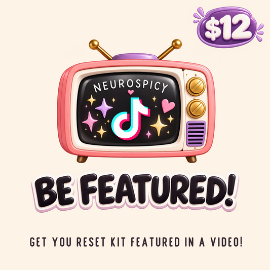 Promotional graphic for a $12 Neurospicy TikTok reset kit. The design features a retro pink television with gold antennas and knobs, displaying the TikTok logo on its screen.