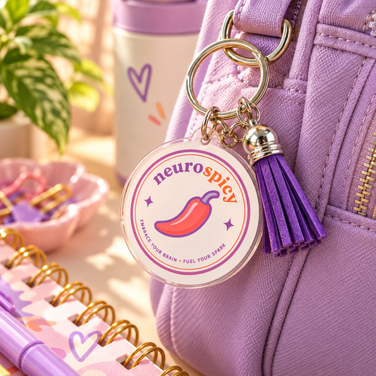 A round acrylic keychain charm with a purple tassel, attached to a gold key ring and displayed on a lavender bag next to a matching planner and tumbler.